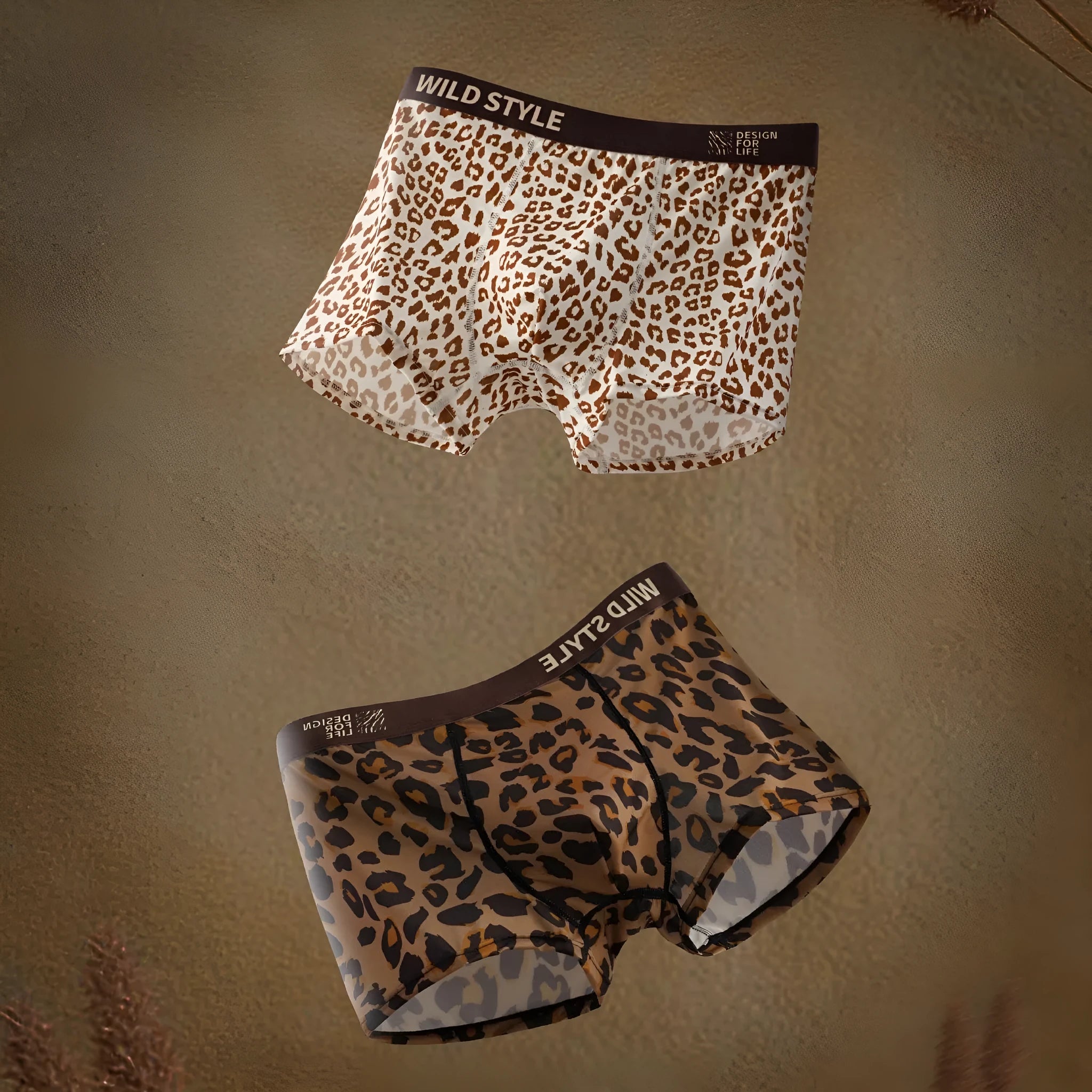 Men's leopard print ice silk underwear in mid waist design with polyester knit fabric
