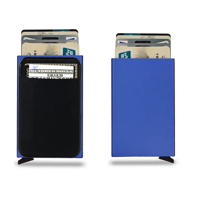 Slim aluminium credit card holder with frosted finish shown in various colours.