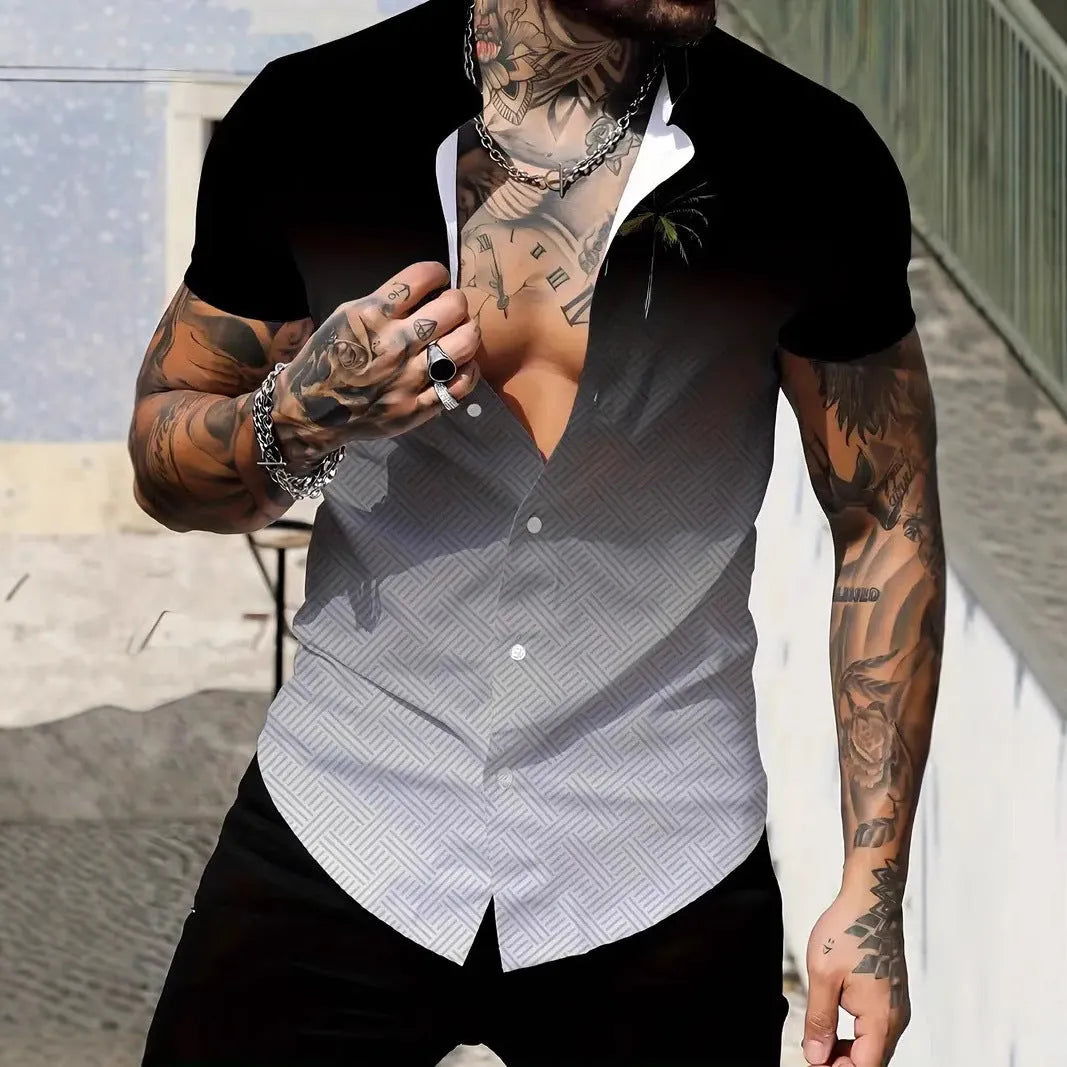 Men's geometric pattern short sleeve shirt with lapel collar on a slim fit model.