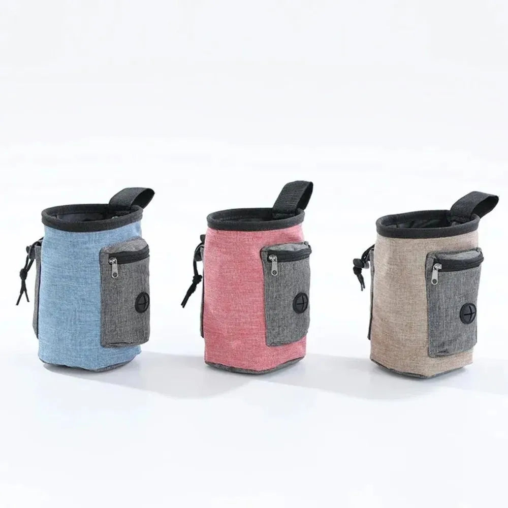 Portable pet training waist bag in blue with adjustable elastic design and waste bag pocket