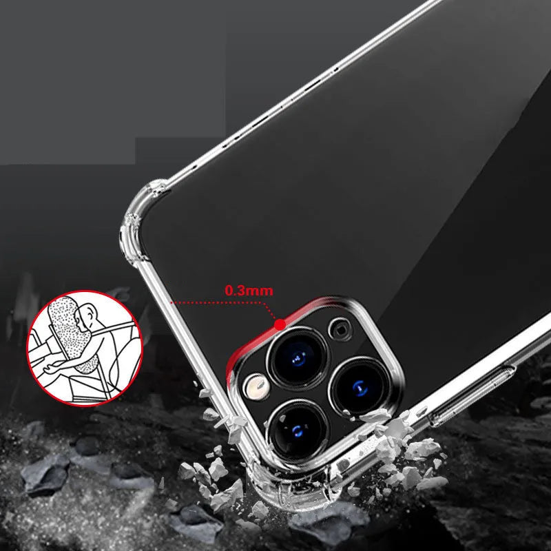 Thickened transparent TPU iPhone case with four-corner airbag protection shown on iPhone