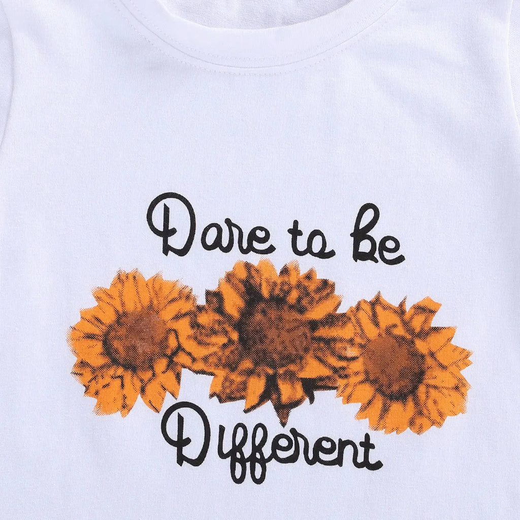White kids two-piece cotton outfit with short sleeve top and trousers featuring denim torch and sunflower print