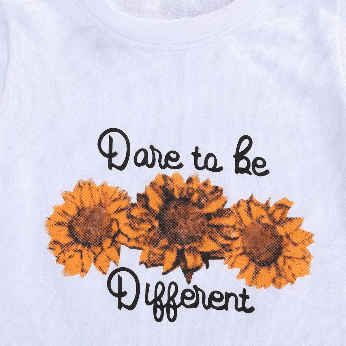 White kids two-piece cotton outfit with short sleeve top and trousers featuring denim torch and sunflower print