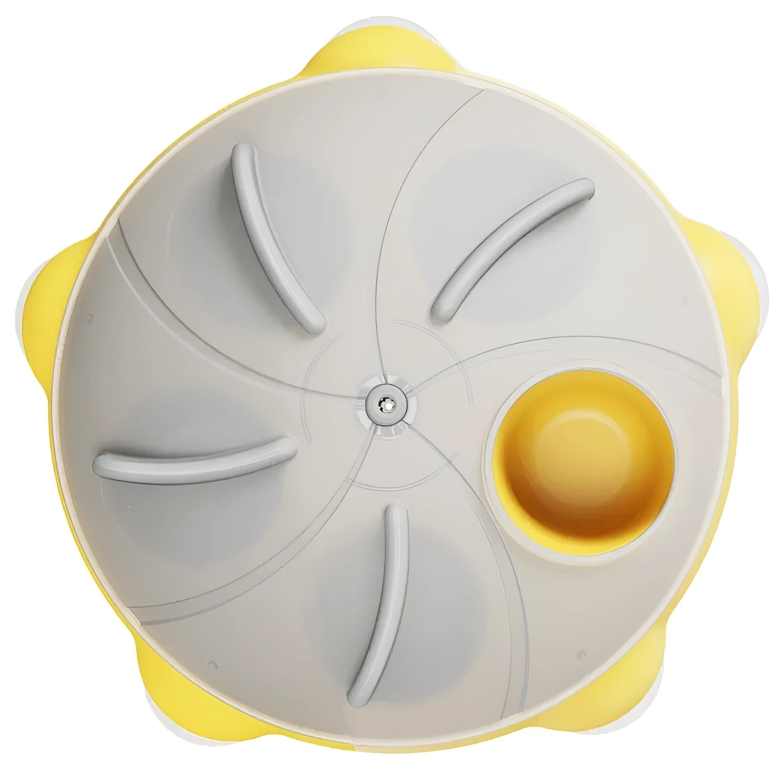 Yellow interactive slow feeder pet plate with puzzle channels and central snack compartments