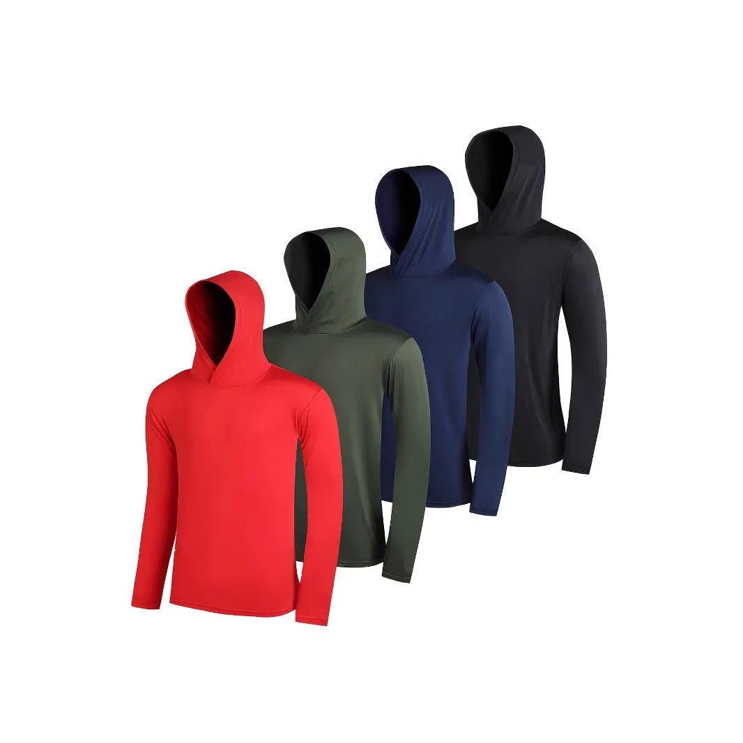 Four men's lightweight pullover hoodies in assorted colours, made from elastic polyester fibre.