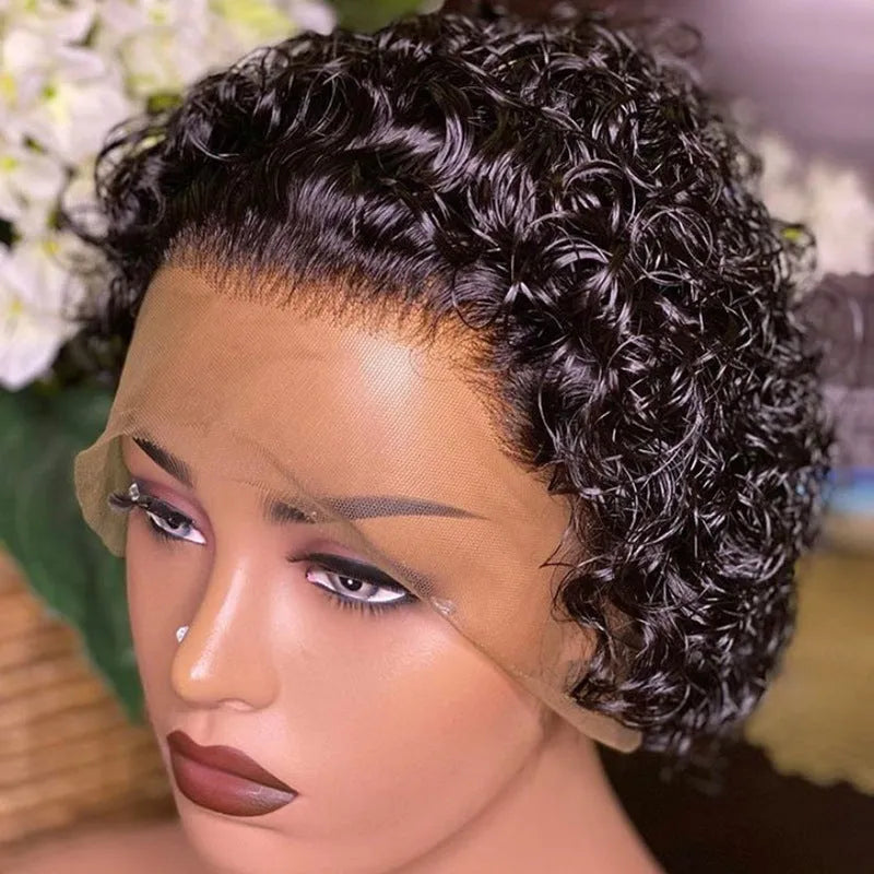 Black lace front human hair cover with pre-plucked hairline in a short pixie cut style.