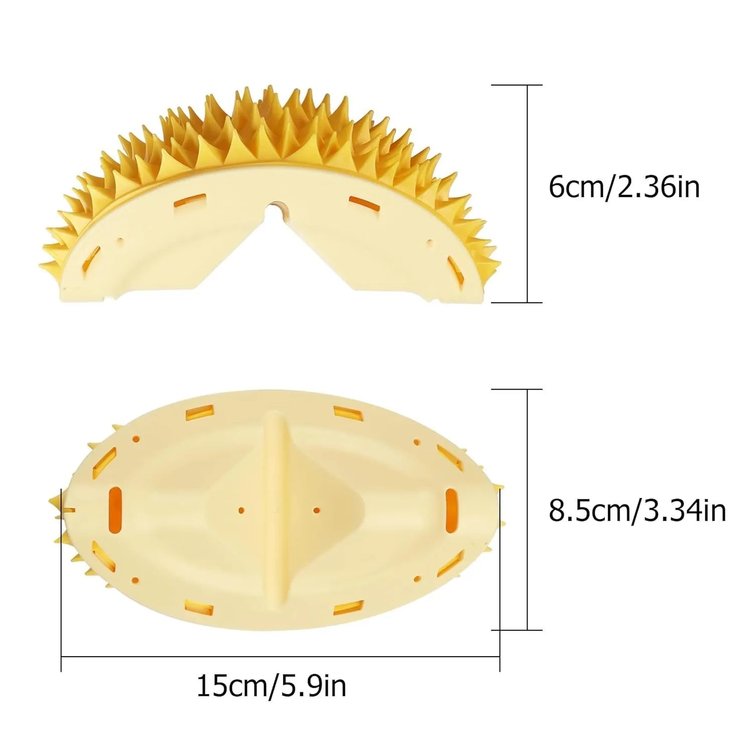 Yellow durian-shaped cat corner scratcher and self-groomer mounted on a wall