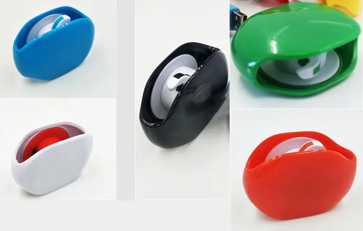 Automatic earphone cable winder unit in blue showing retracted cable, next to a black unit for size comparison.