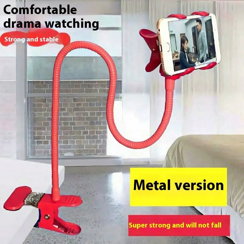 Black metal lazy stand gadget with rotary clip holding a mobile phone on a bedside table