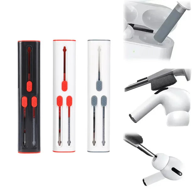 AirPods Pro cleaning kit with multiple heads including flocking sponge and metal nib on white background
