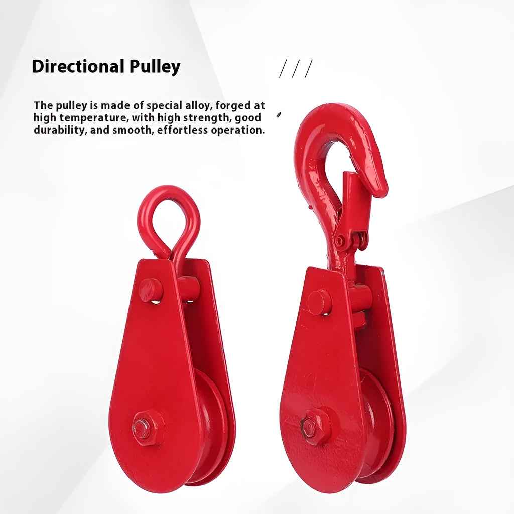 Red industrial single sheave lifting pulley with a safety latch on the steel hook.