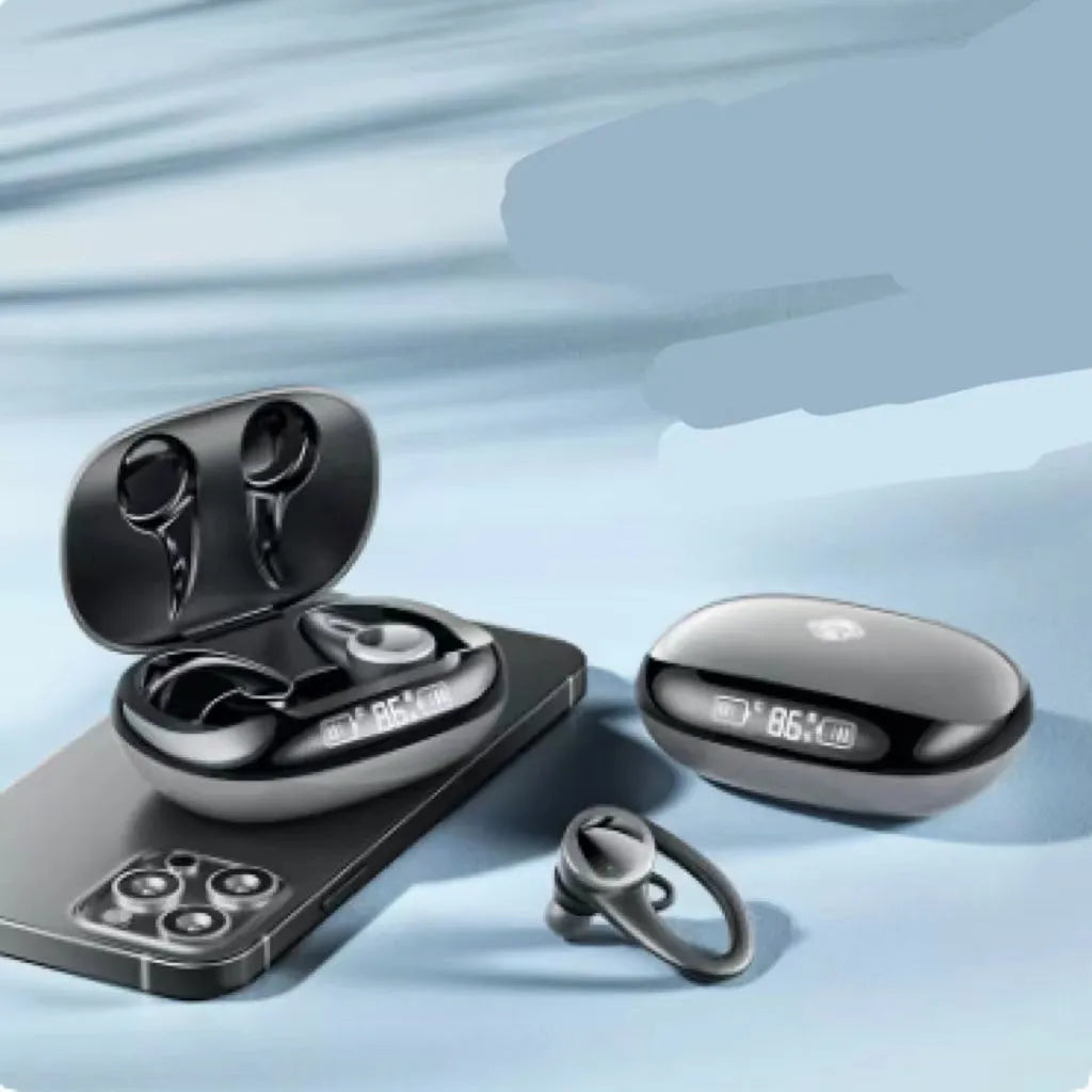 Black and silver true wireless Bluetooth headphones with charging case for gaming sports running