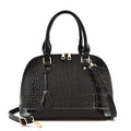 Women's large shiny PU leather crossbody shoulder bag in shell shape, shown in black colour.