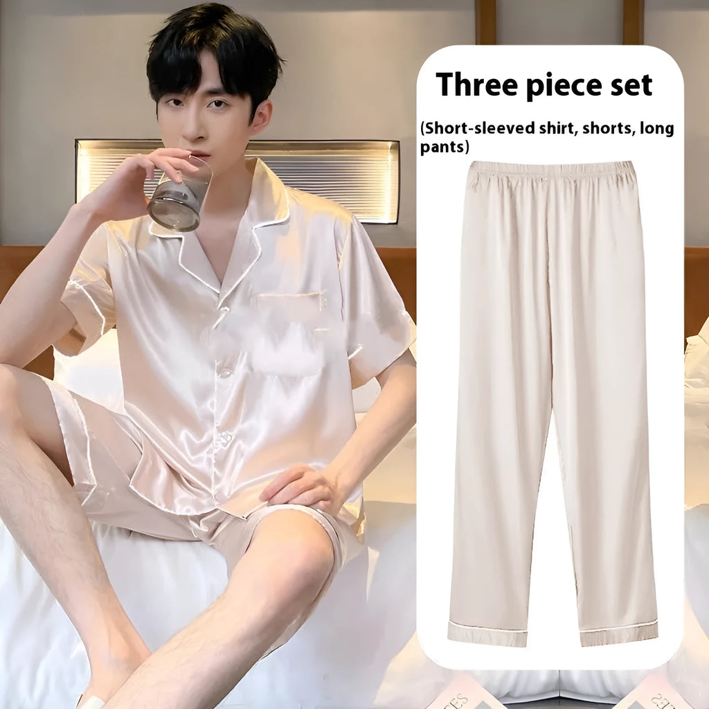 Men's ice silk three-piece home wear set in blue, showing top, shorts, and trousers laid flat.