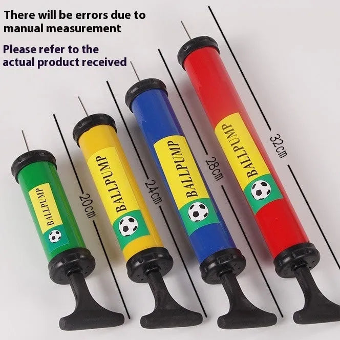 Mixed colour plastic manual hand pump for sports balls on a white background
