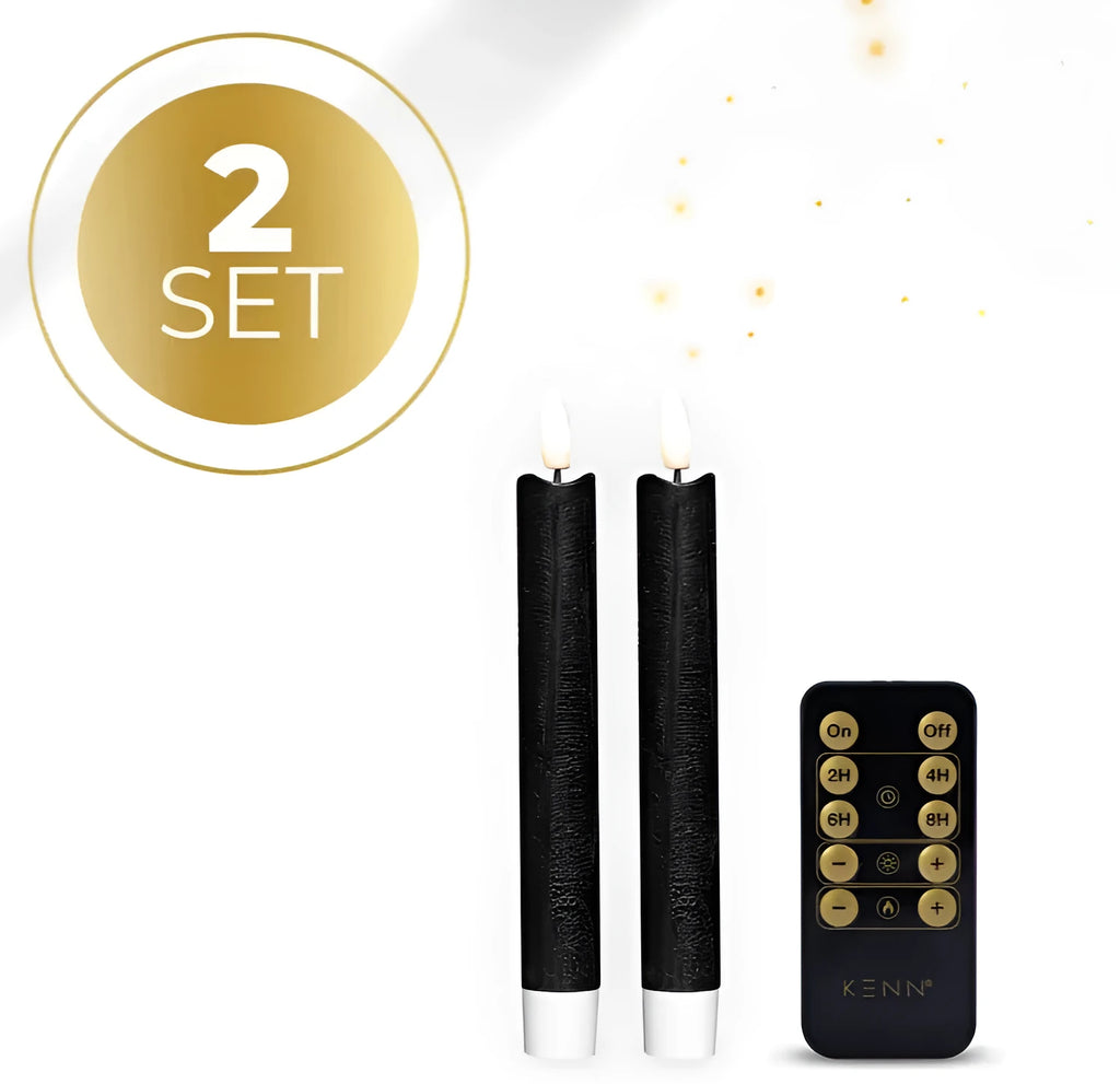 Set of four black LED taper candles with glowing 3D flame effect.