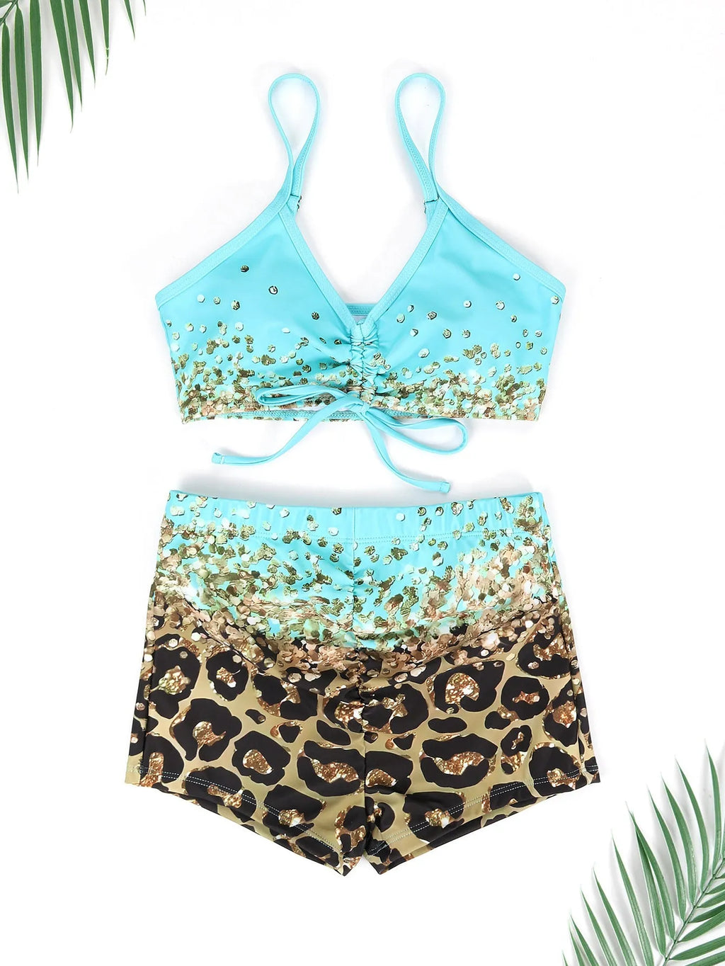 Women's lake blue polyester swimsuit set with high-waisted briefs and sleeveless design for swimming