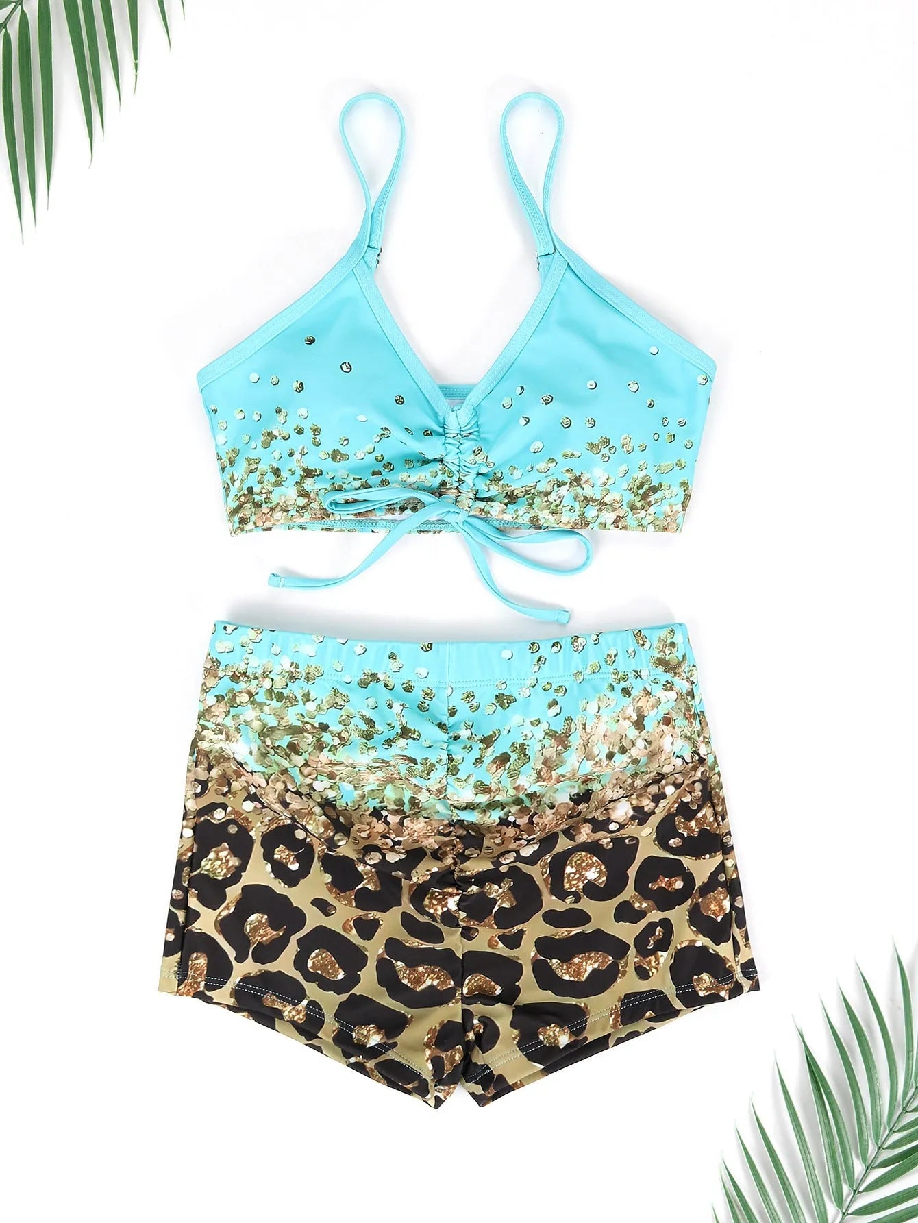 Women's lake blue polyester swimsuit set with high-waisted briefs and sleeveless design for swimming