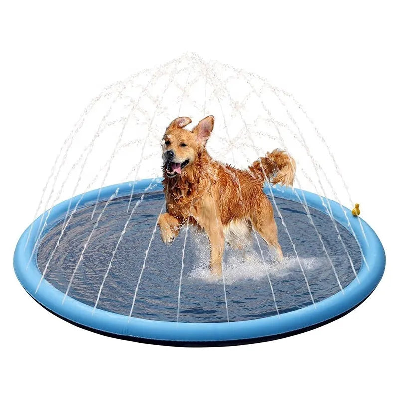 Anti-slip dog sprinkler mat showing textured surface for outdoor water play in garden setting