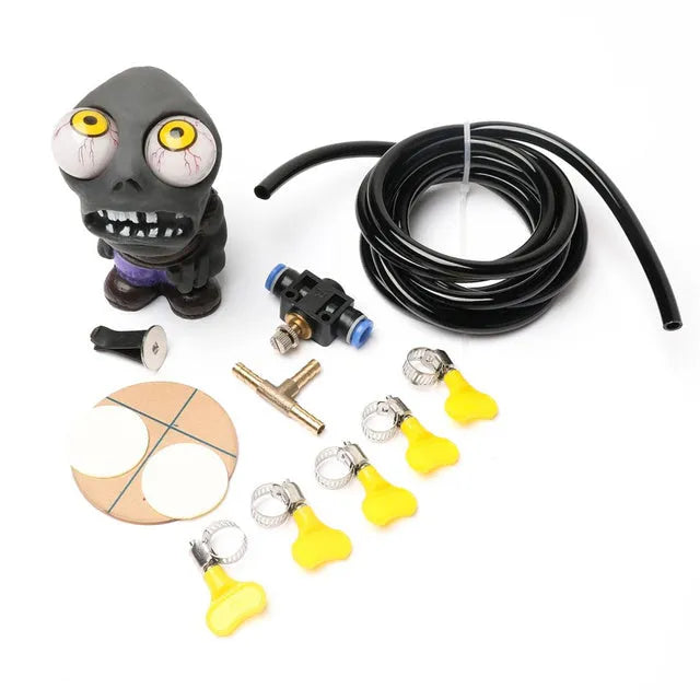 Car turbo blow-off valve modification kit with zombie doll ornament and adjustable pressure valve.