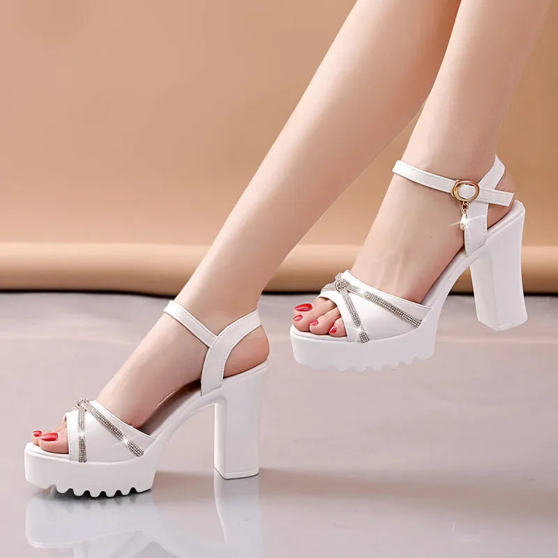 Women's black strappy high heel sandals with a platform wedge and block heel on a white background.