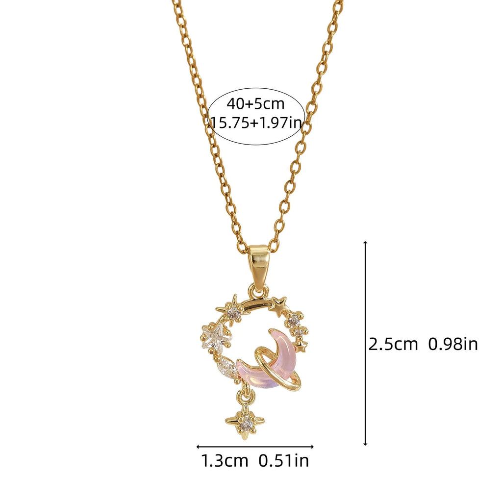 Gold electroplated copper necklace with micro-inlaid zirconium moon pendant on O-ring chain
