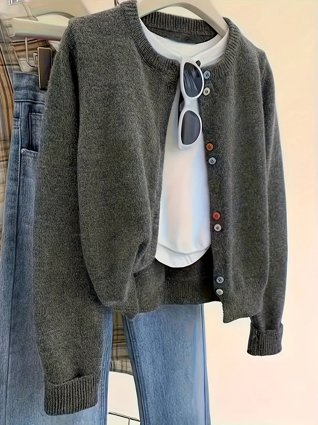 Dark grey women's polyester cardigan sweater with button front and regular sleeves