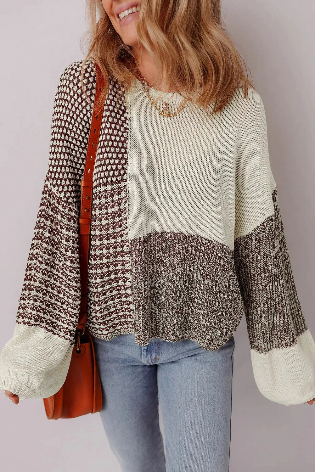 Dark Khaki women's loose sweater with colour block design and back tie detail.