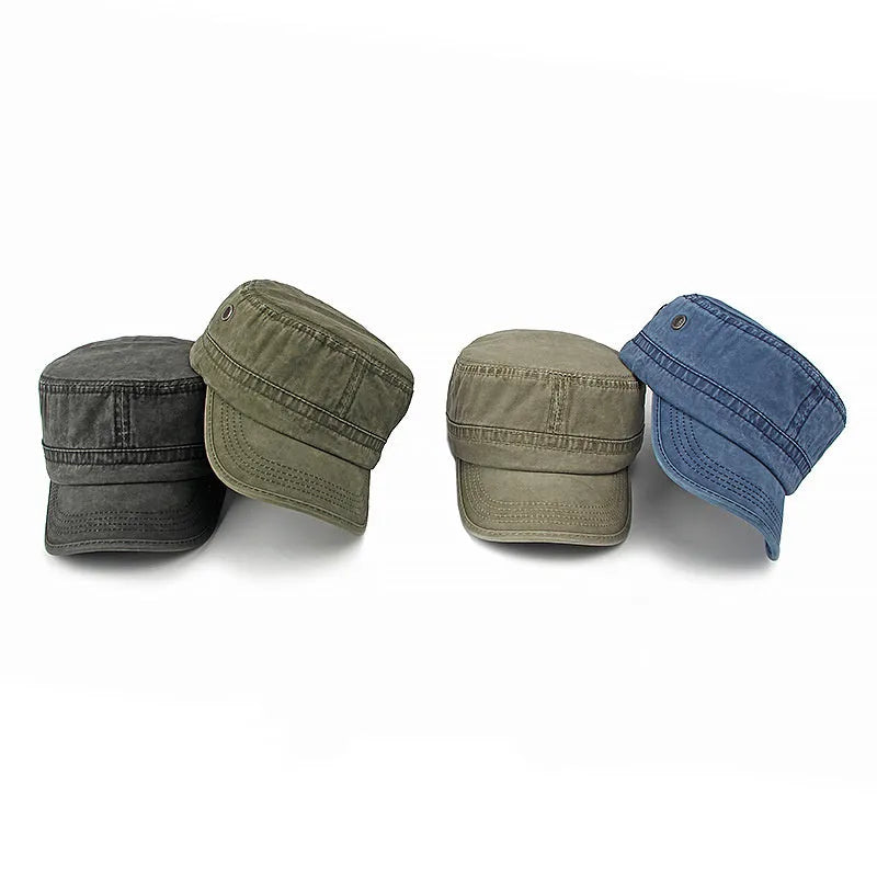 Military flat top cap in cotton fabric with adjustable sizing strap