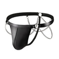 Men's black patent leather thong shorts with a metallic chain detail on the front.