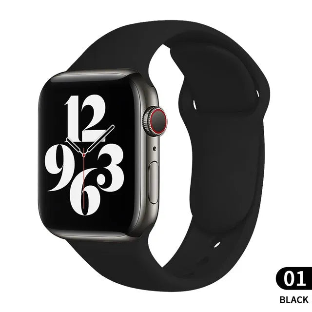 Silicone Apple watch replacement strap in black, shown fitted to a 44mm watch case.