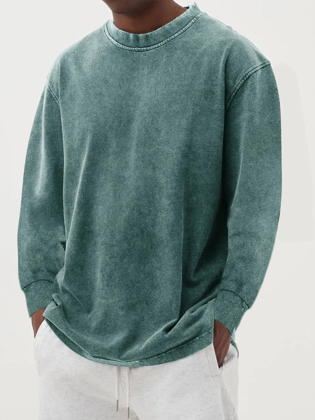 Men's washed old solid colour long-sleeved slim fit T-shirt on a hanger.