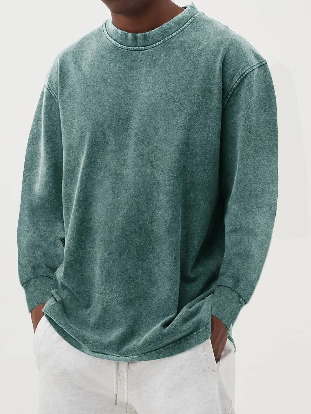 Men's washed old solid colour long-sleeved slim fit T-shirt on a hanger.