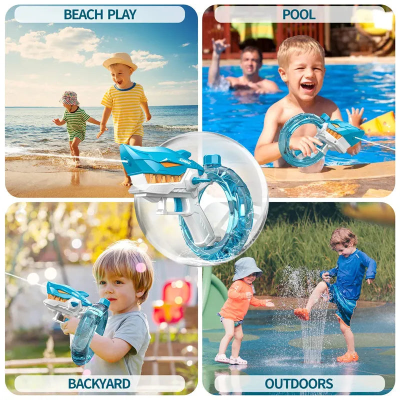 Blue electric shark water gun toy with automatic continuous fire system for outdoor summer water play