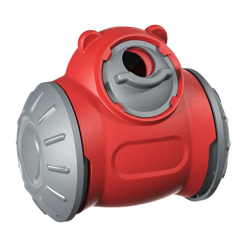 Plastic pet toys showing red leaky bear dog toy and pink bulb tumbler cat toy designs