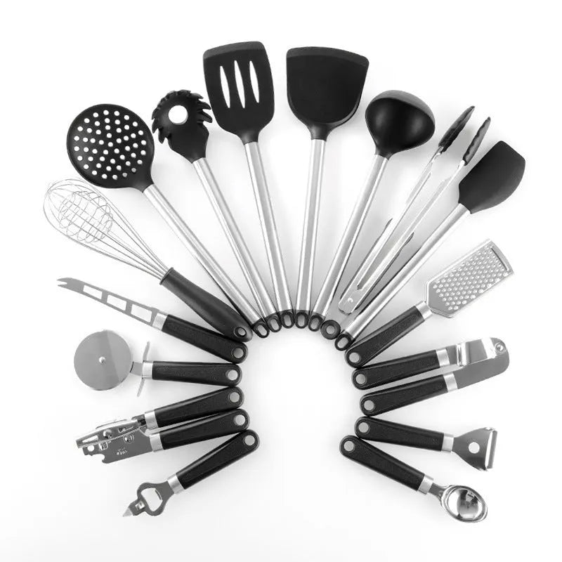 Black silicone spatula and spoon kitchen utensil set with stainless steel handles - 16 pieces
