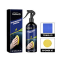 Car interior retreading agent in 7x17cm PE bottle with yellow sponge and microfiber towel for dashboard cleaning