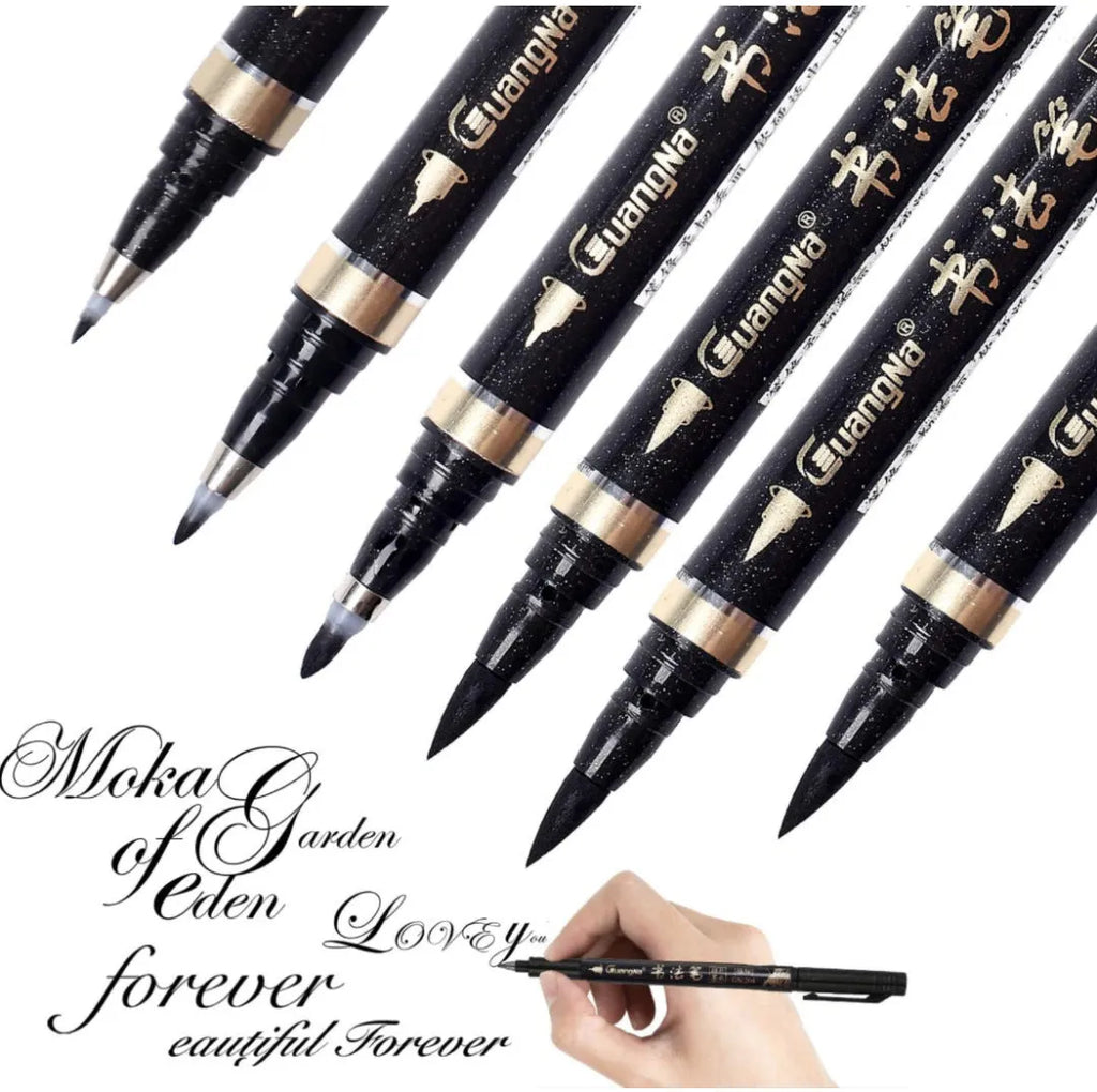 Six refillable soft brush calligraphy pens in a set with plastic barrels and environmental nibs