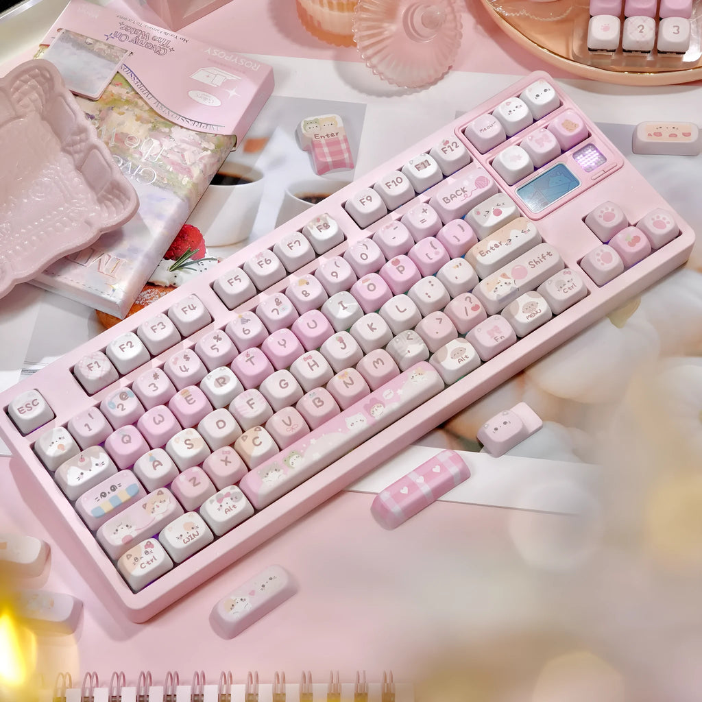 Pink MOA height mechanical keyboard key caps with cartoon design on all five sides