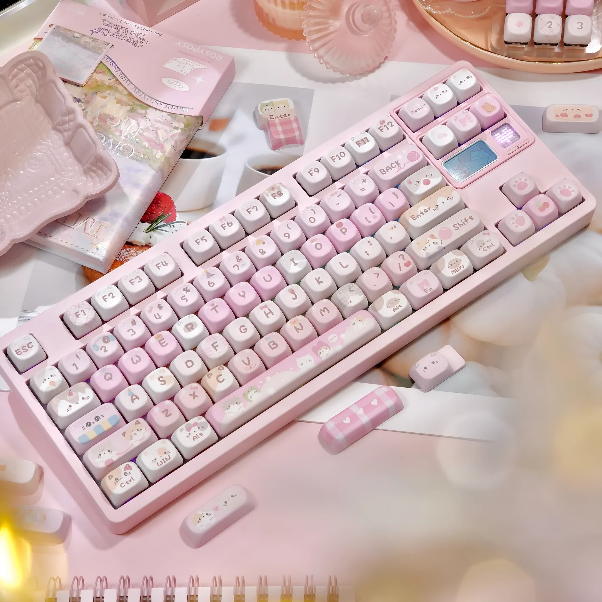 Pink MOA height mechanical keyboard key caps with cartoon design on all five sides