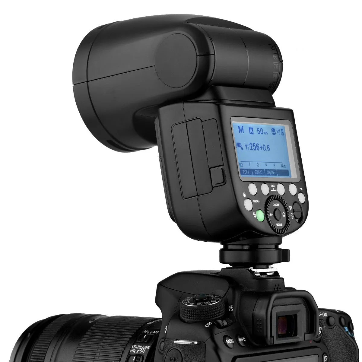 Black DSLR overhead flash with circular lamp head on mini base, with lithium battery and accessories for studio photography