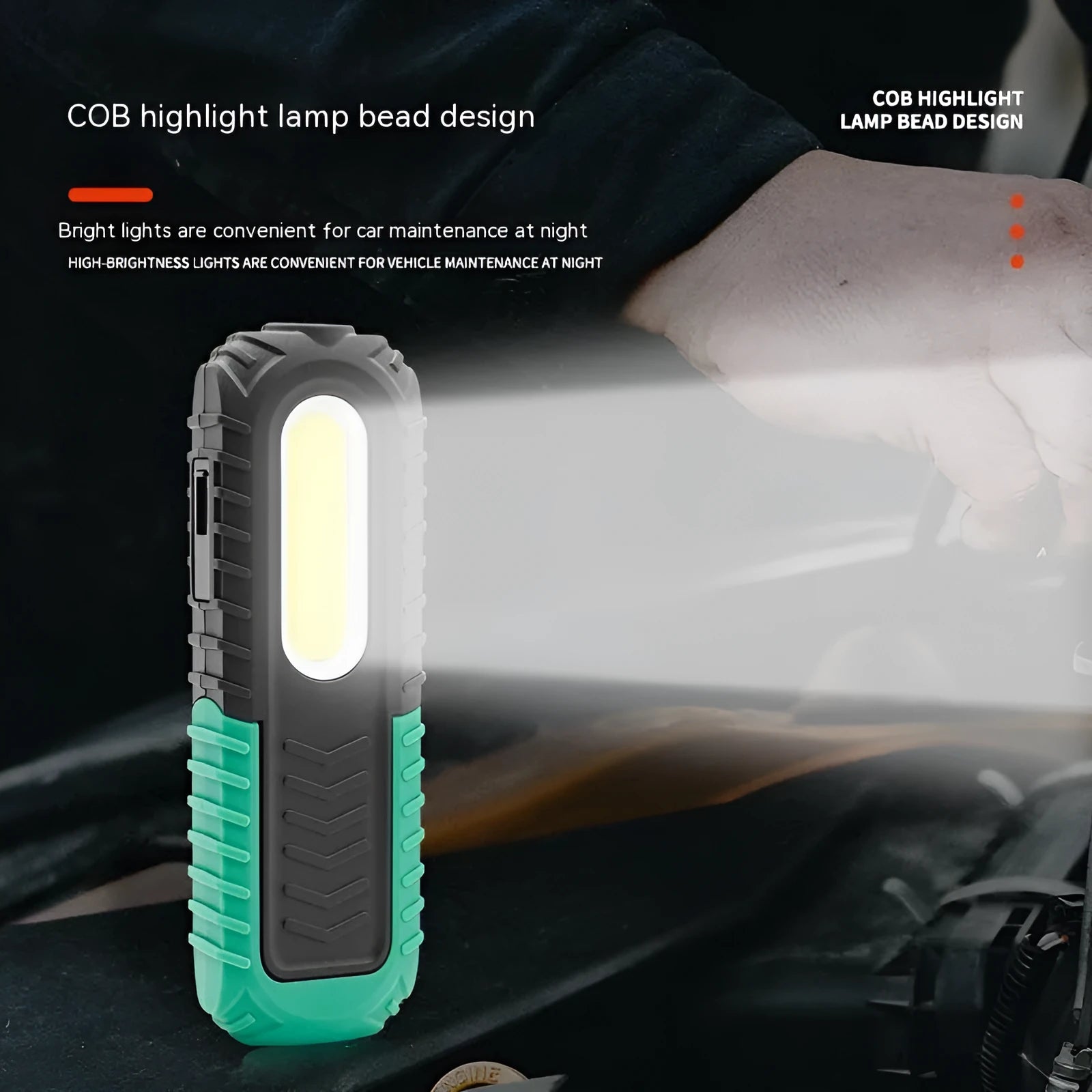 Black and green USB rechargeable automotive inspection lamp with 6500K bright light for vehicle maintenance