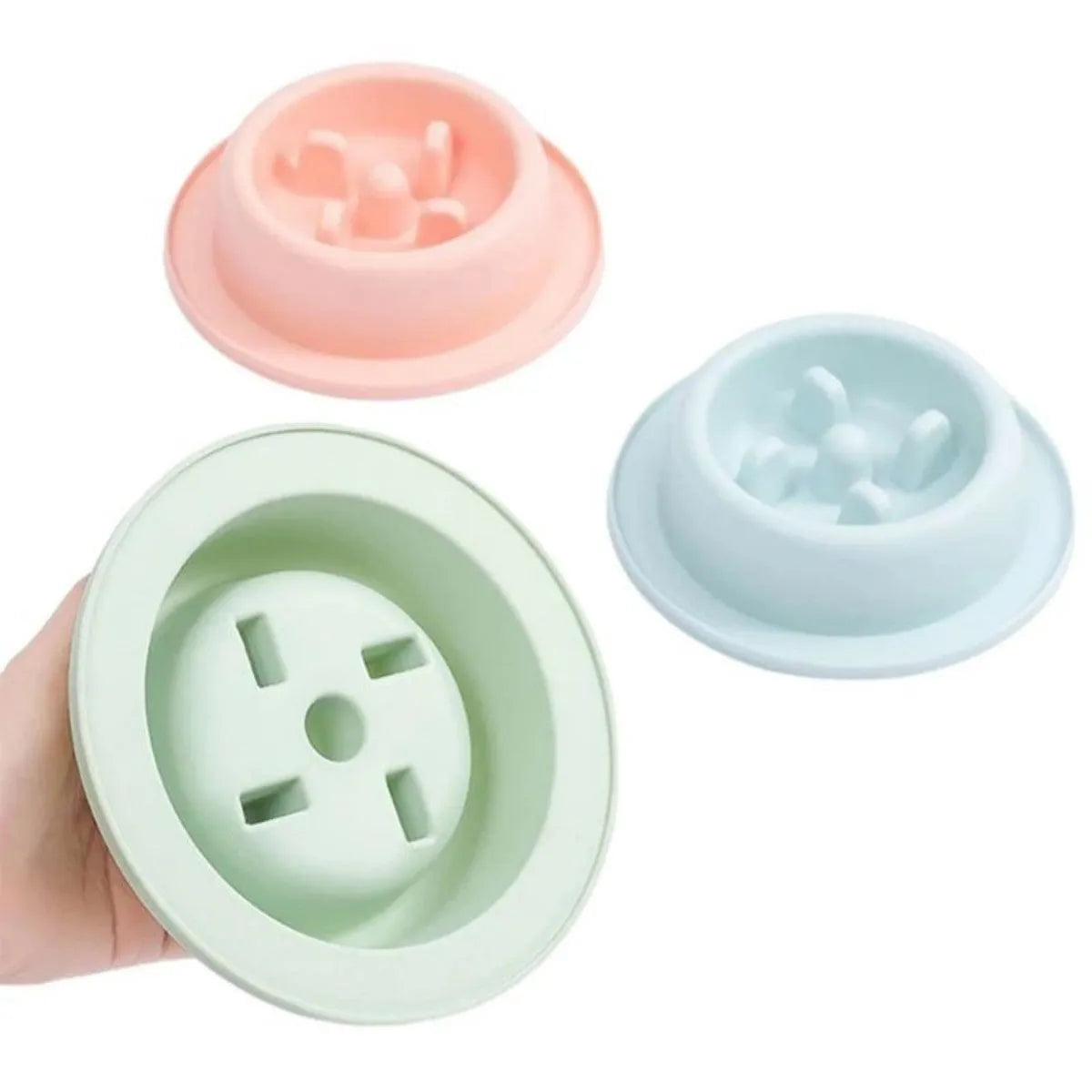 PP plastic pet slow feeder bowl in blue, green, or pink with maze design and non-slip base