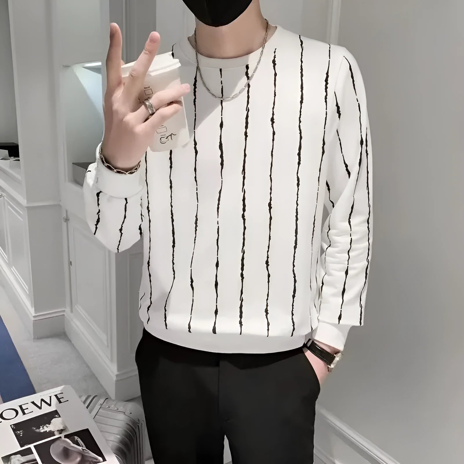 Men's loose fit corduroy striped pullover sweater in black, regular sleeve, thin knit