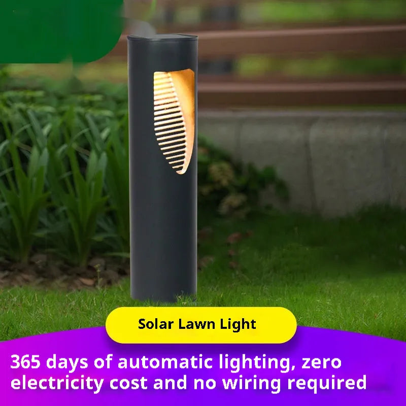Black geometric solar-powered outdoor garden light with abstract design.