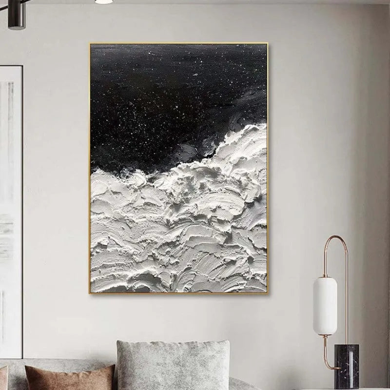 Hand-painted abstract oil painting on canvas with black and white ocean and stars design, modern seascape wall art, rolled frameless, 60x90cm size
