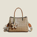 Printed tote bag with flower pendant, large capacity crossbody shoulder bag for women, PU material, floral pattern.