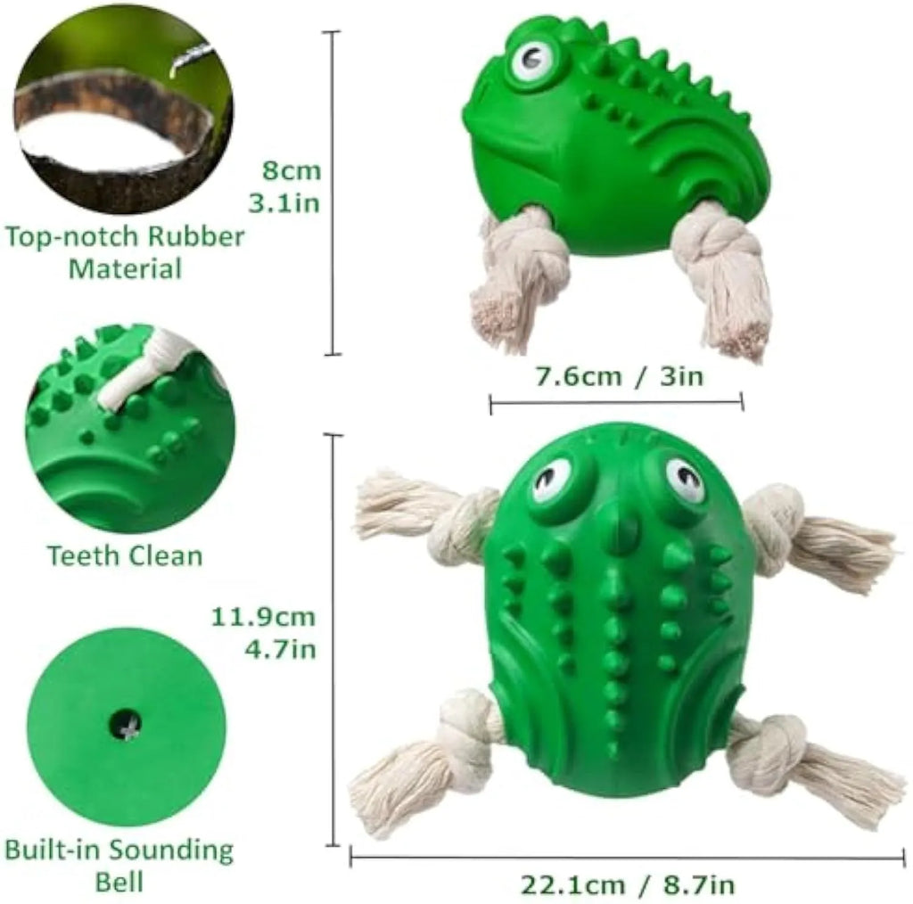 Green indestructible rubber toad dog toy with cotton rope legs and black button eyes, for aggressive chewers