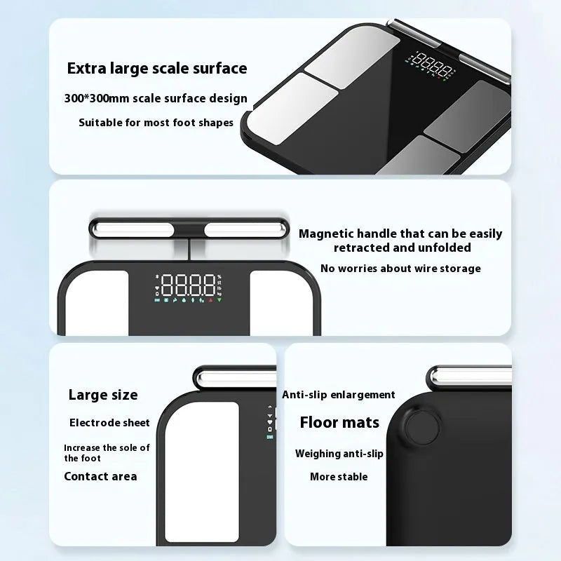 Black electronic body composition scale with tempered glass platform and colour screen display