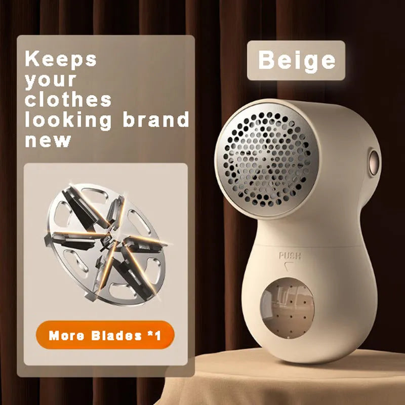 White electric lint remover with LED display and USB charging port on a fabric surface.